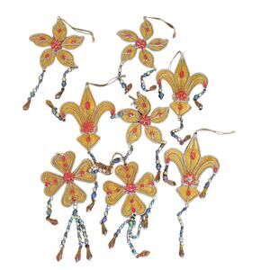Lot of 8 Gold Glitter and Beaded Ornaments - 3 Designs Including Feur De Lis